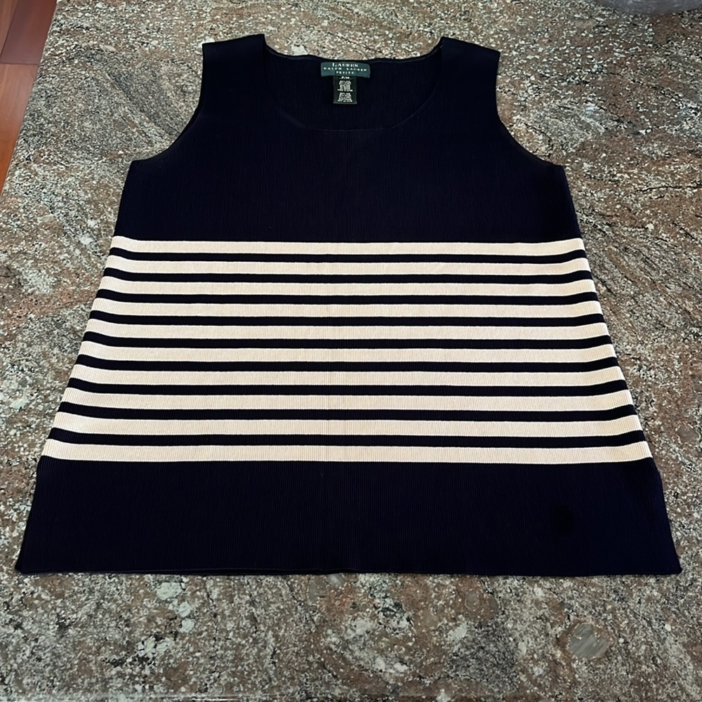 LAUREN RALPH LAUREN Silk Blend Striped Sweater Tank Navy Medium Petite Fisherman